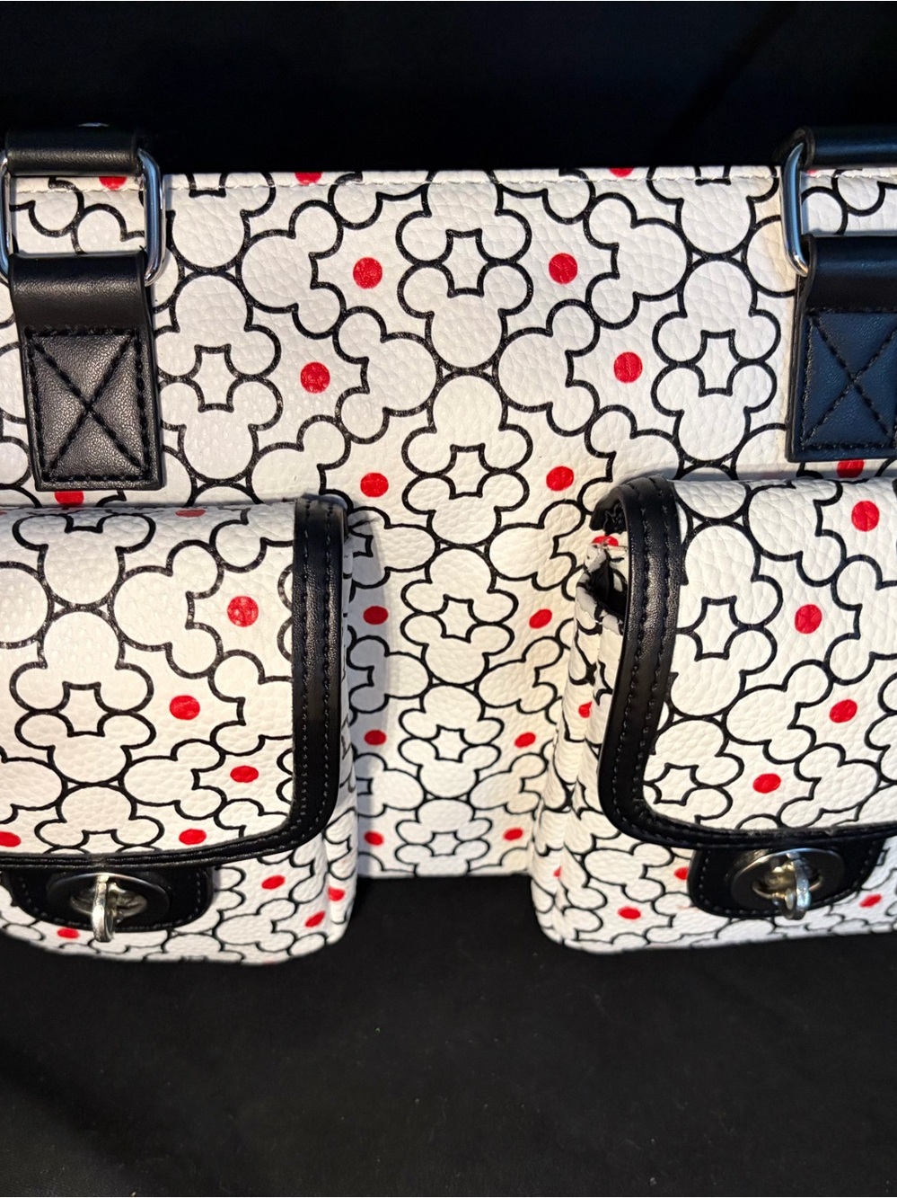 Stylish White Bag with Mickey Black Pattern and Red Dot Accents